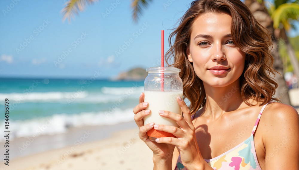 Smiling woman holding a refreshing drink on the beach
Smiling woman holding a refreshing drink on the beach