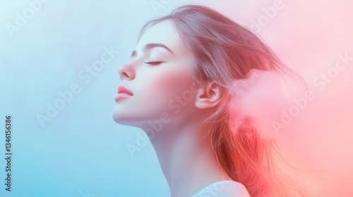 Surreal woman with flowing multicolored hair in soft light