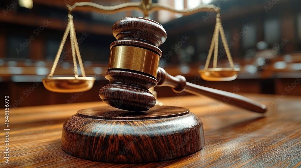 Courtroom Gavel on Judge's Desk Highlighting Law Justice Trial Attorney Legal Decisions Judicial Process Courtroom Gavel on Judge's Desk Highlighting Law Justice Trial Attorney Legal Decisions Judicial Process