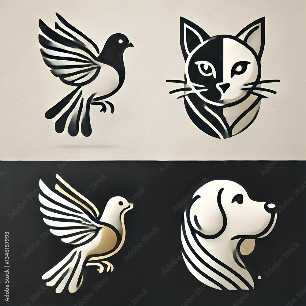 Fototapeta premium A modern, minimalist logo featuring a **cat, pigeon, and dog** in a sleek, artistic design. The animals are illustrated using smooth, elegant lines, forming a balanced and visually appealing compositi