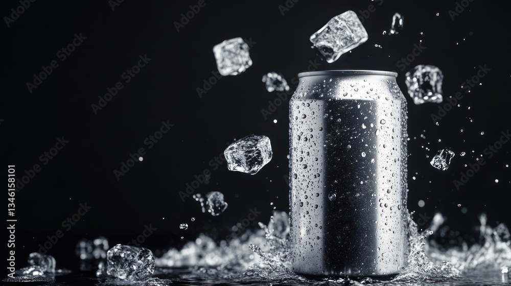 Cold drink can with ice cubes splashing. Cold drink can with ice cubes splashing.