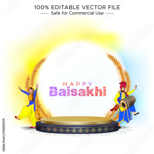 Happy Baisakhi illustration: Punjabi Sikh community's Bhangra dance and Baisakhi festival celebration background.