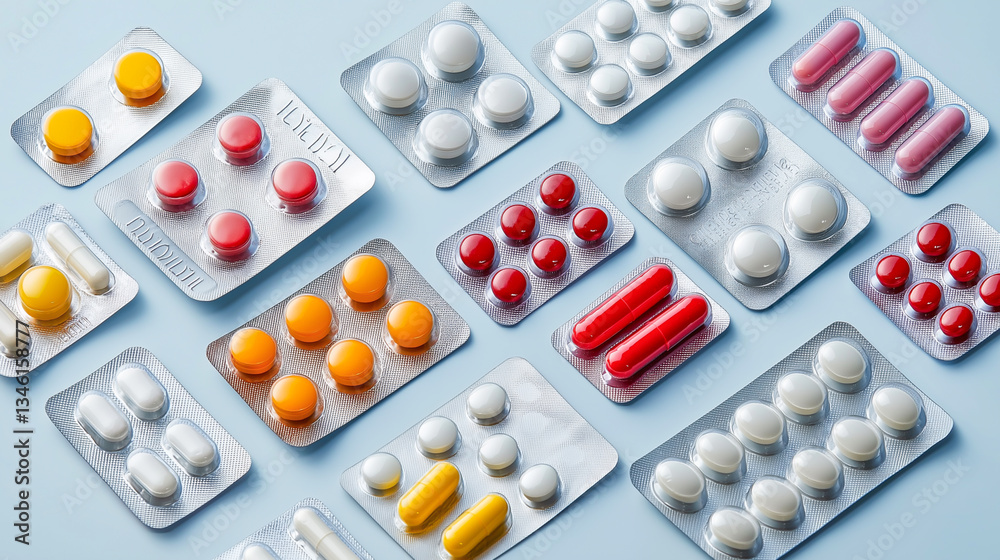 Various tablets and capsules arranged on a blue surface showcasing a range of colors and shapes for pharmaceutical use Various tablets and capsules arranged on a blue surface showcasing a range of colors and shapes for pharmaceutical use