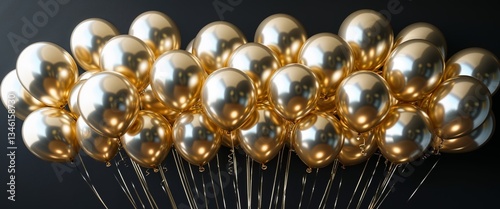 Bunch of Festive Shiny Golden Metallic Balloons Party Celebration Decoration on Black Background.