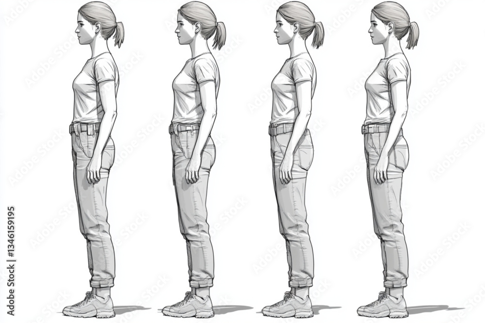 Four drawings of a woman in jeans and a t shirt side view Four drawings of a woman in jeans and a t shirt side view