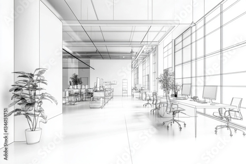 Sketch of open office space with desks and large windows