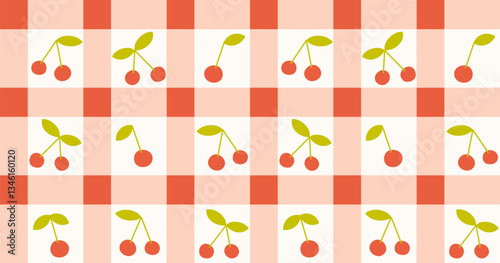 Seamless gingham cottage core pattern with cute cherries. Tile childish background. Hand drawn vector illustration. Coquette core wrapping paper, social media banner, vintage wallpaper.