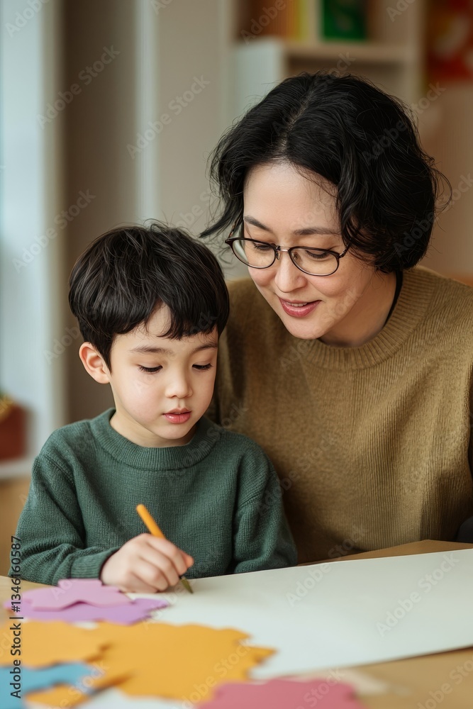 Personalized learning for education concept. A mother and son engage in a creative activity, focusing on colorful paper shapes at a table, showcasing a nurturing and educational moment. Personalized learning for education concept. A mother and son engage in a creative activity, focusing on colorful paper shapes at a table, showcasing a nurturing and educational moment.