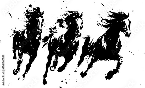 Illustration of three horses running in Chinese ink painting style on white background