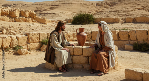 Conversation between Jesus Christ and the Samaritan woman. Photo of the gospel event, biblical times. For Christian publications	
