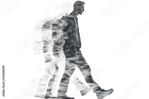 Man walking with motion blur effect on white background