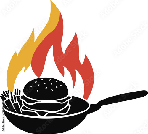 A Sizzling Burger and Fries in a Pan, Bursting with Flavor, Flaming Burger in a Pan, A Hot and Ready Stock Photo
