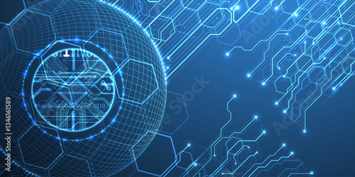 Abstract image of a computer chip in the middle of a wireframe sphere on a blue gradient. Vector