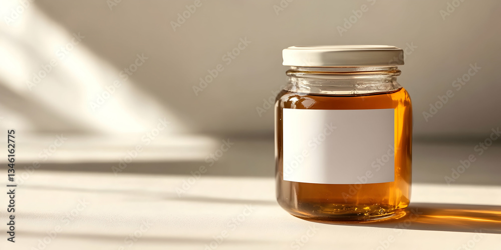 Honey jar with a blank white label mockup on a podium, isolated against a light background Honey jar with a blank white label mockup on a podium, isolated against a light background