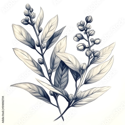 A detailed botanical illustration showcases two elegant sprigs of flowe plants with delicate leaves and buds in a monochromatic blue-grey palette.