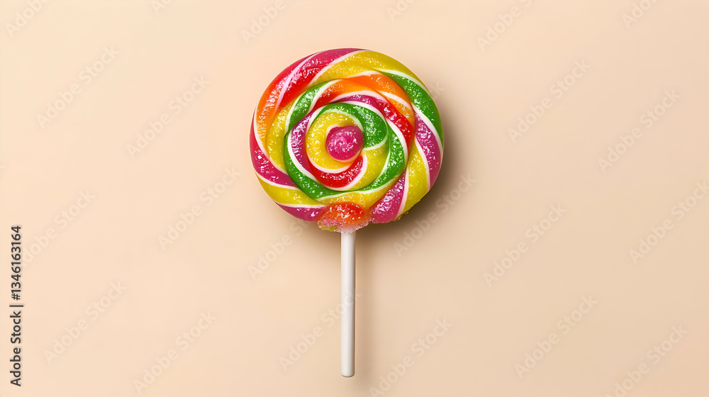 Colorful Spiral Lollipop on a Cream Background with Vibrant Rainbow Colors and Sugar Crystals Colorful Spiral Lollipop on a Cream Background with Vibrant Rainbow Colors and Sugar Crystals