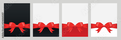Set of vertical templates for creating cards, vouchers, certificates, gift wrap with red satin bow and ribbon