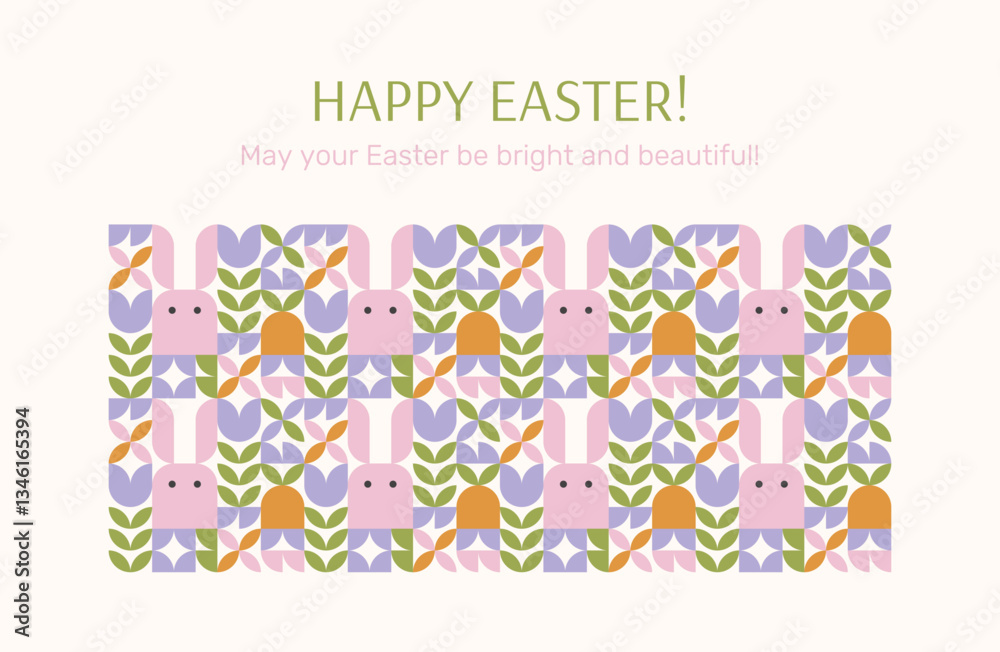 Happy Easter horizontal banner, poster, flyer template with cute bunnies and flowers in geometric style. Easter greeting design. Happy Easter horizontal banner, poster, flyer template with cute bunnies and flowers in geometric style. Easter greeting design.
