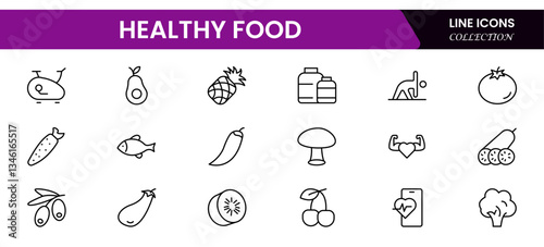 Nutrition set of web icons in line style. Healthy food linear icon collection. Containing food, vegetables, water, palm oil free, сaunt calories, zero trans fat, probiotics and more.