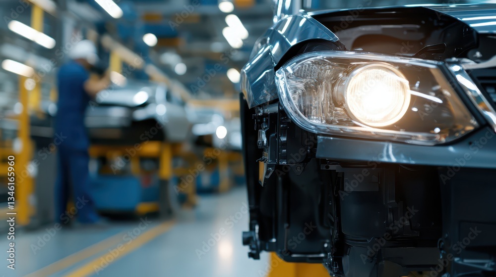 Fototapeta premium In a bustling factory, vehicle parts are meticulously assembled on an organized assembly line while workers ensure quality and precision during production