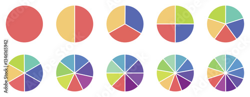 Infographic icon pie circles set divided radius in grey color. Segments of circle with 1 to 10 pieces. Pie diagram set. Divided circle sections set. Vector 10 eps.