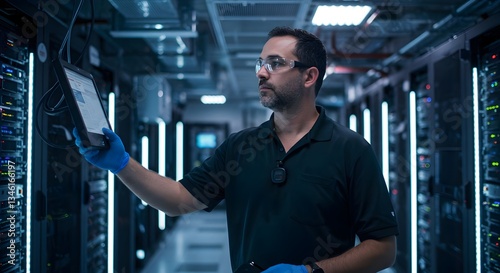 HVAC Technician Inspecting High-Tech Cooling Systems in a Data Center (Industry)