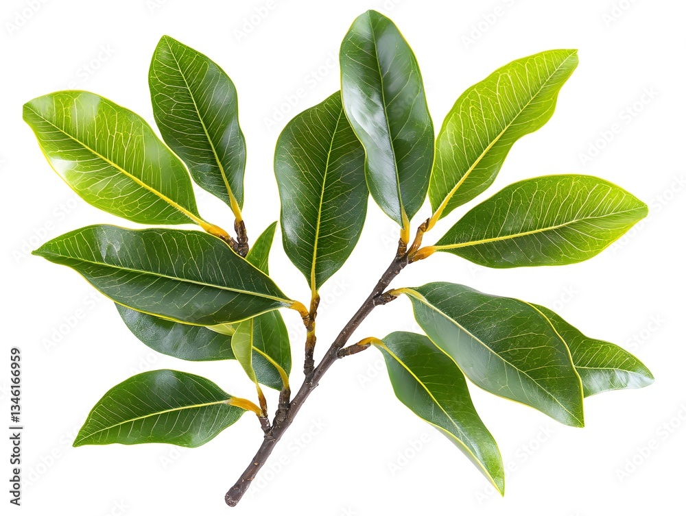 Fototapeta premium Lush green leaves of a vibrant plant branch isolated on a pure white background perfect for design projects.