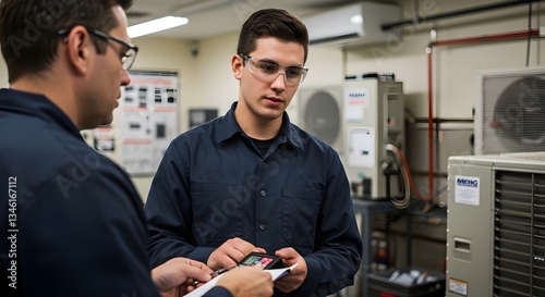 Professional Apprentice HVAC Technician Training in a Trade School Workshop (Industry)