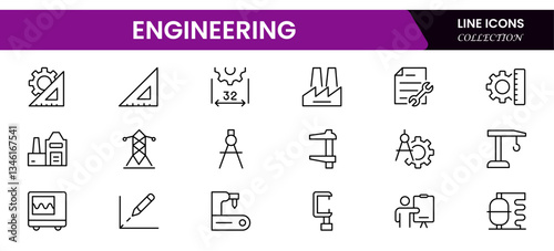 Engineering and manufacturing line icons collection. Big UI icon set in a flat design. Thin outline icons pack.