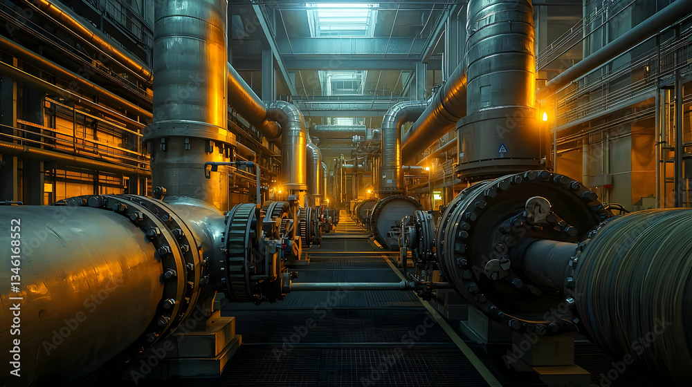 Fototapeta premium Industrial Interior View With Parallel Metallic Pipes And Machinery With Warm Lighting