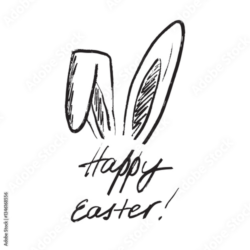 Easter bunny ears drawing in black brush stroke texture isolated on white. Hand drawn vector sketch illustration in vintage charcoal ink. Greeting card design, decoration elements. Happy Easter