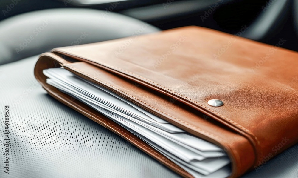 A tan leather portfolio with documents rests on textured leather, exuding professional elegance and sophistication. A tan leather portfolio with documents rests on textured leather, exuding professional elegance and sophistication.