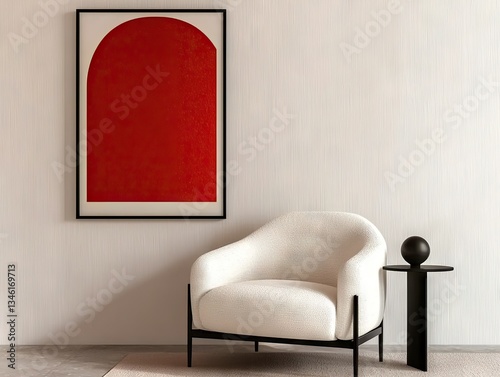 Elegant white chair with red artwork in minimalist living room modern home design cozy environment