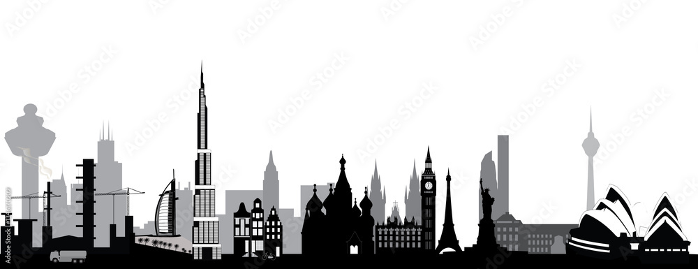 wordl skyline with famous buildings png file