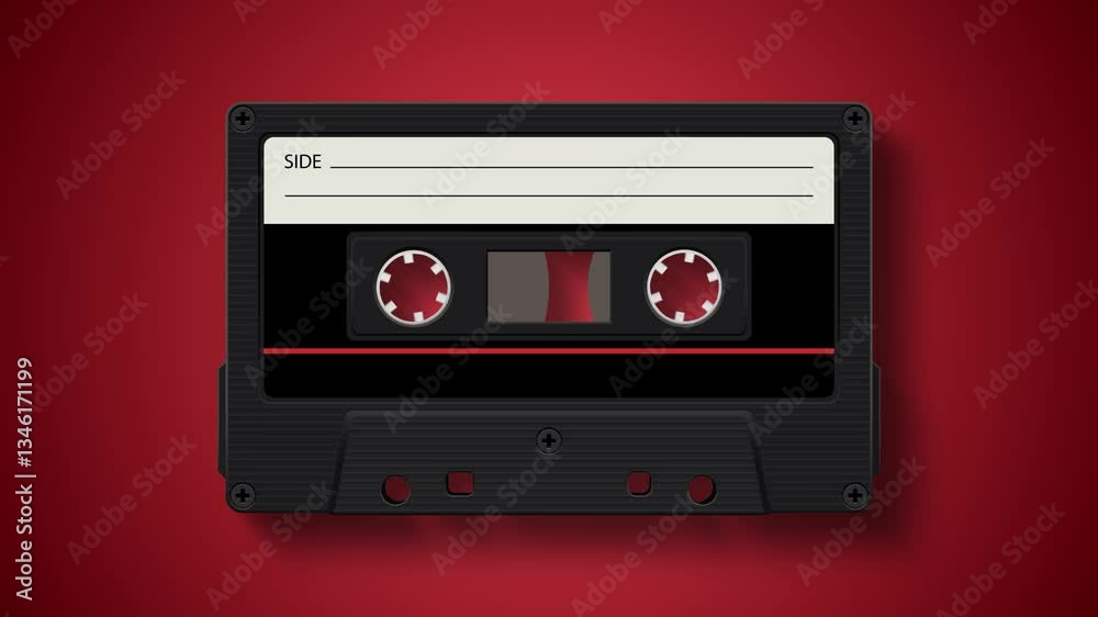 Retro audio cassette tape spinning on red background