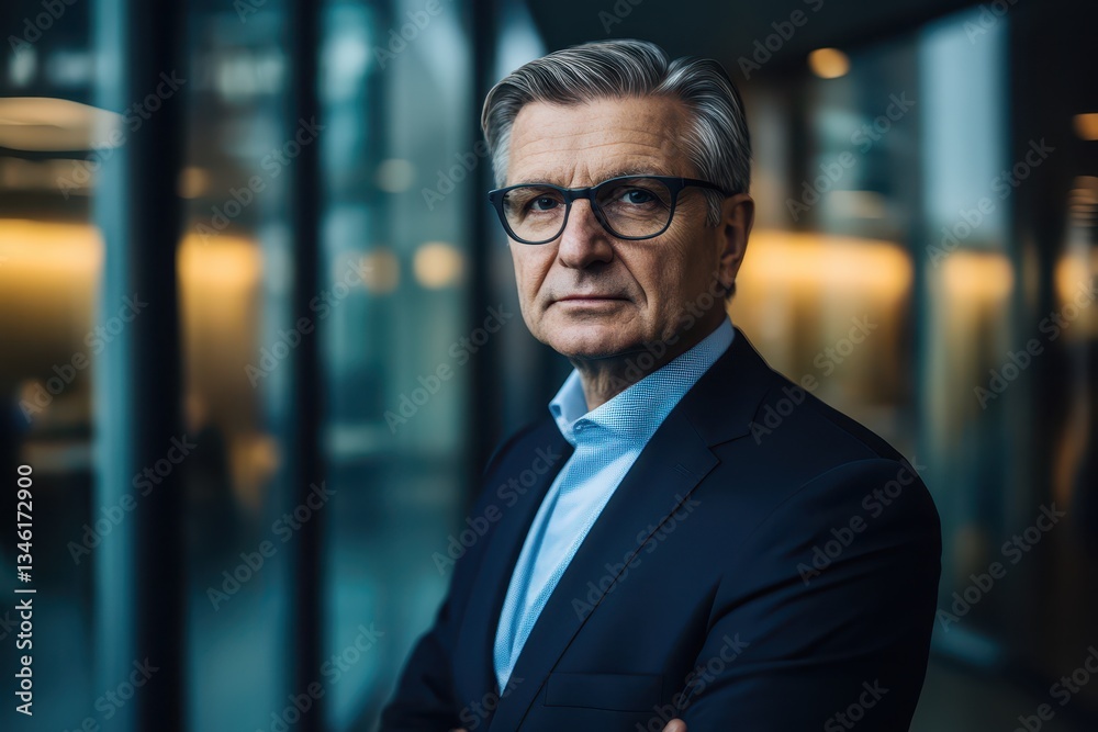 Fototapeta premium A senior business executive exudes confidence while standing with arms crossed in a contemporary office environment