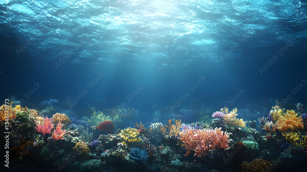 Fototapeta premium Colorful Underwater Coral Reef Scene With Sunlight