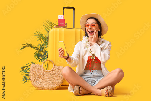 Happy young female tourist ...