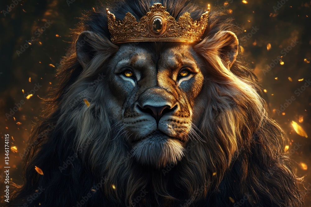 Fototapeta premium Majestic Lion King with Golden Crown in Fantasy Forest