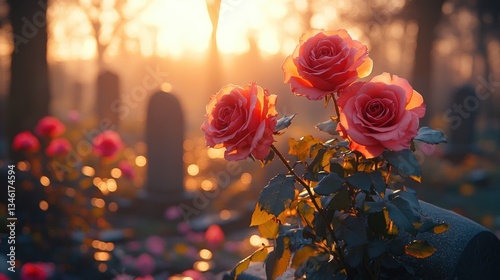 Serene Cemetery Scene at Sunrise with Pink Roses and Gravestone Cross Reflecting Peaceful Mourning
