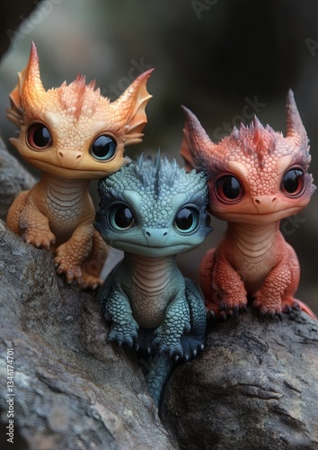 Three small dragon figurines are sitting on a rock, with one of them being red
