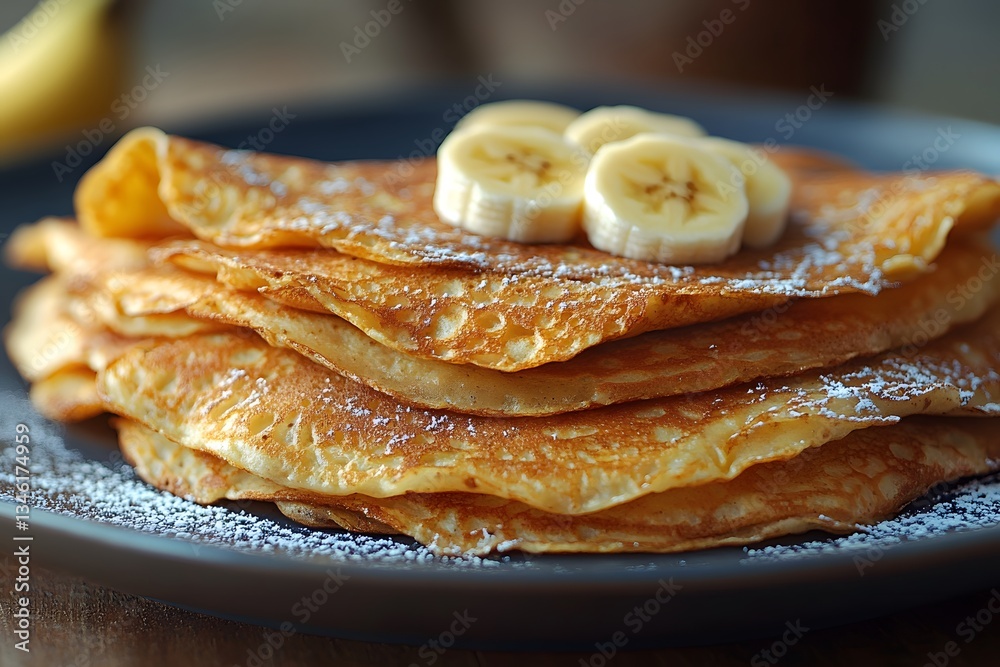 Delicious Stack of Fluffy Pancakes with Sliced Bananas and Powdered Sugar Delicious Stack of Fluffy Pancakes with Sliced Bananas and Powdered Sugar