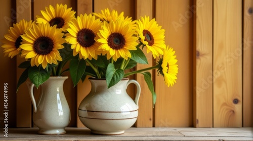 Wallpaper Mural Sunflowers in Vases on Wood Surface Rustic Floral Composition Torontodigital.ca