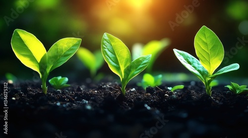 Three young plants are growing in the dirt