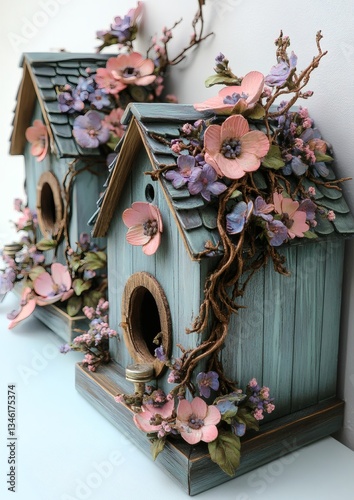 Two birdhouses with pink flowers on them