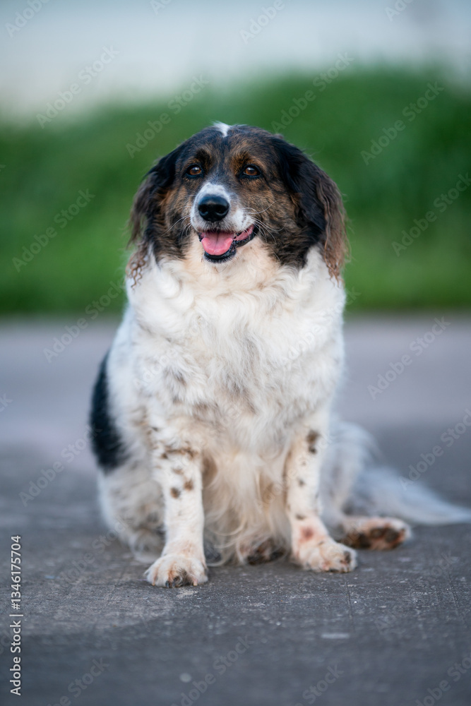 Dogs with black and white fur, fat dog
