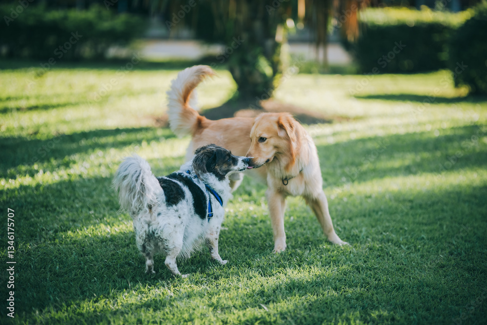 Dogs are playing in the park.