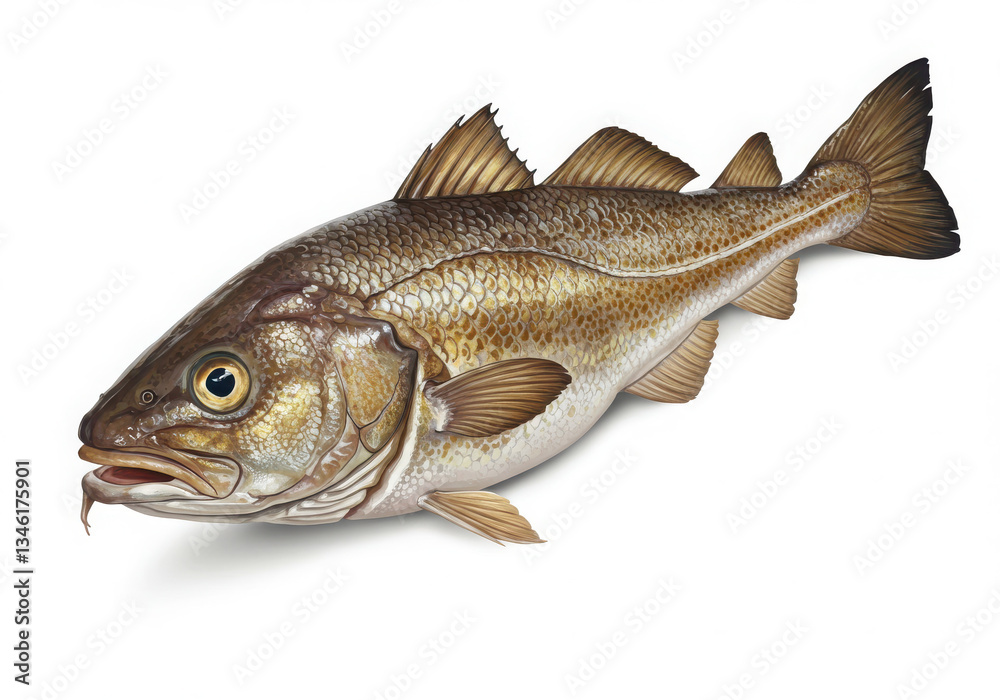 Fototapeta premium Detailed illustration of a cod fish with brown and gold scales on a white background