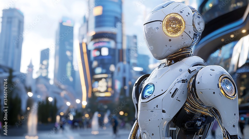 A robot is standing in a busy city street A robot is standing in a busy city street