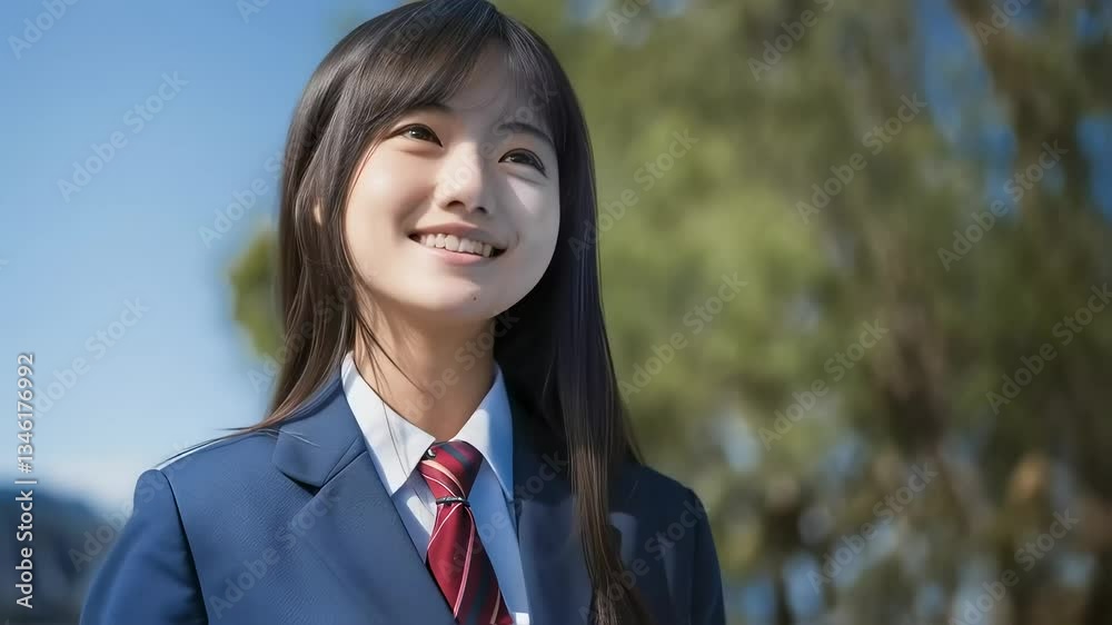 青空と木の背景。何かを見つめる女子中学生 青空と木の背景。何かを見つめる女子中学生